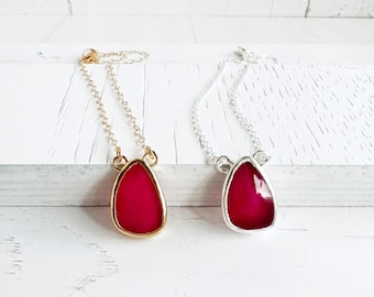 Collar de lágrima rosa intenso: chapado en oro de 14 k o plata de ley, colgante con piedras preciosas