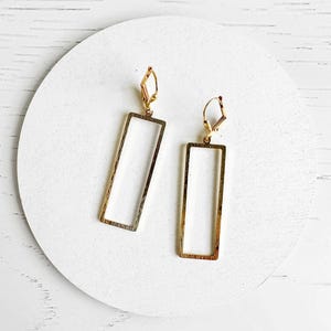Brushed Brass Gold Rectangle Dangle Earrings: Geometric Leverback