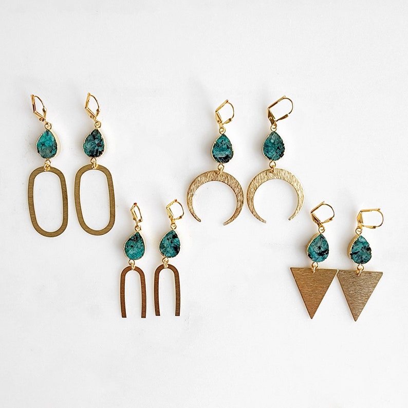 Green Agate Jasper Statement Earrings in Gold. Brushed Brass Geometric Dangle Earrings. Statement Jewelry image 1