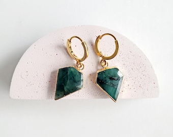 Dainty Emerald Earrings: Gold Huggies, Gemstone Drop