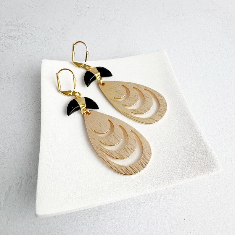 Black Onyx Earrings Teardrop with Crescent Cutouts Brushed Gold Earrings Statement Jewelry Boho Dangle Earrings Boho Chic Jewelry image 2