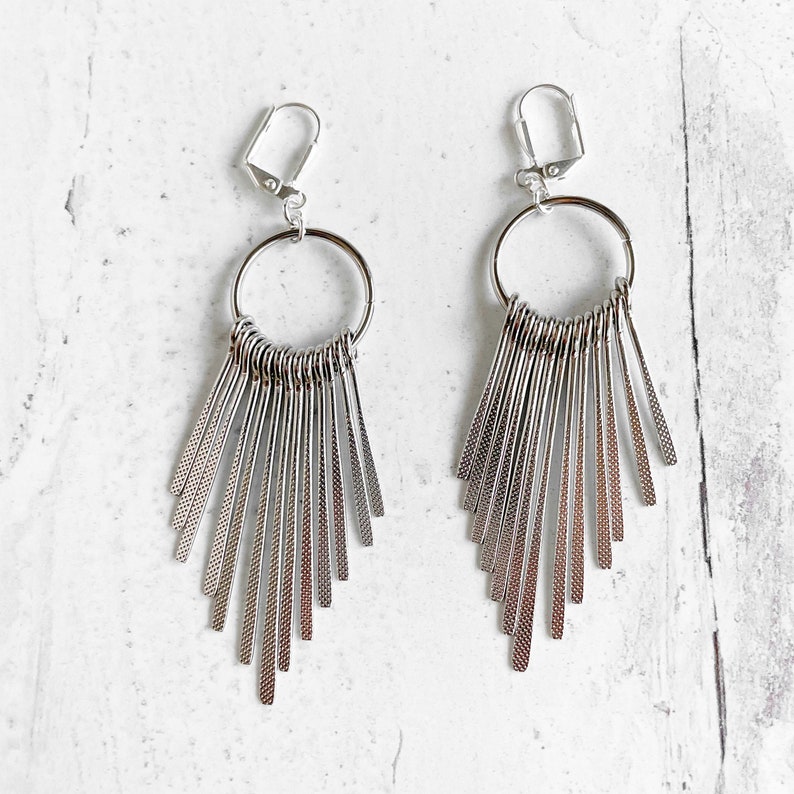 Fringe Statement Earrings in Silver and Gold. Geometric Dangle Earrings. Long Fringe Earrings image 4