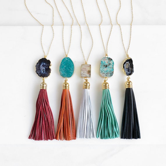 Leather Tassel Necklace. Burgundy White 
