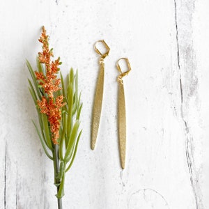 Long Stick Bar Earrings in Brushed Gold. Simple Long Brass Dangle Earrings image 3