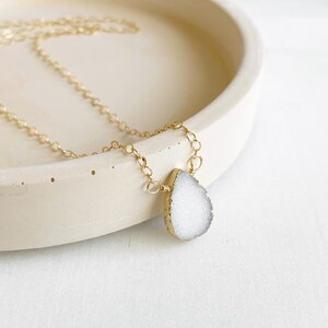 White Druzy Teardrop Necklace: Dainty 14k Gold Filled Chain
