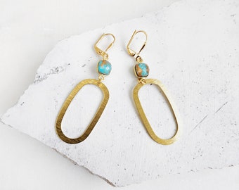 Calsilica Open Oval Hoop Earrings in Brushed Brass. Gold Statement Earrings. Gemstone Geometric Earrings. Hoop Dangle Earrings