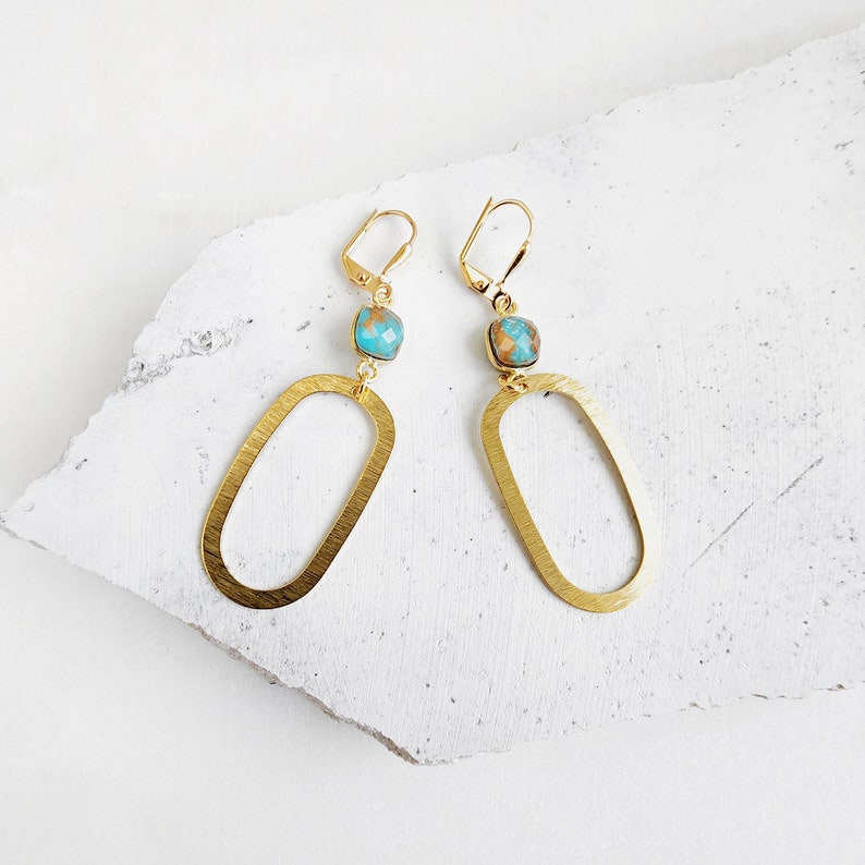 Calsilica Open Oval Hoop Earrings in Brushed Brass. Gold Statement Earrings. Gemstone Geometric Earrings. Hoop Dangle Earrings image 1