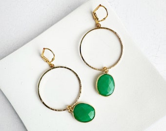 Hoop Dangle Earrings | Green Onyx Earrings | Brushed Gold Earrings | Gemstone Earrings | Statement Hoop Earrings | Jewelry Gift