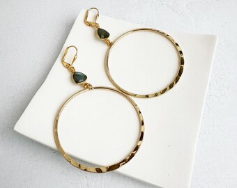 Big Hoop Earrings | Labradorite Earrings | Hammered Gold Earrings | Statement Hoop Earrings | Jewelry Gift