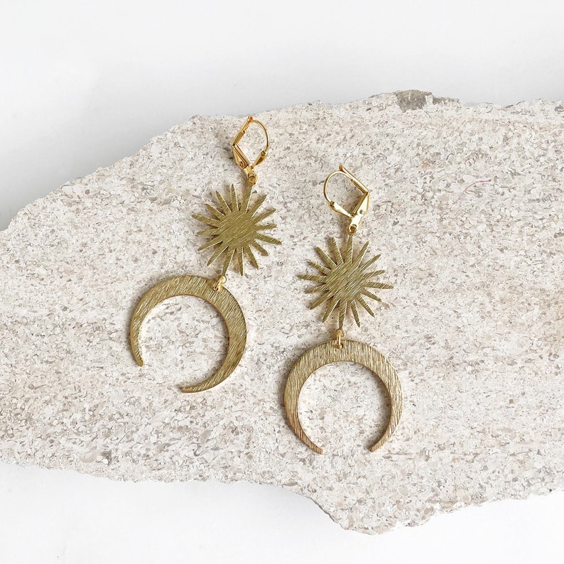 Sun and Moon Statement Earrings in Gold. Brushed Brass Starburst and Crescent Dangle Earrings. Boho Dangle Earrings image 1