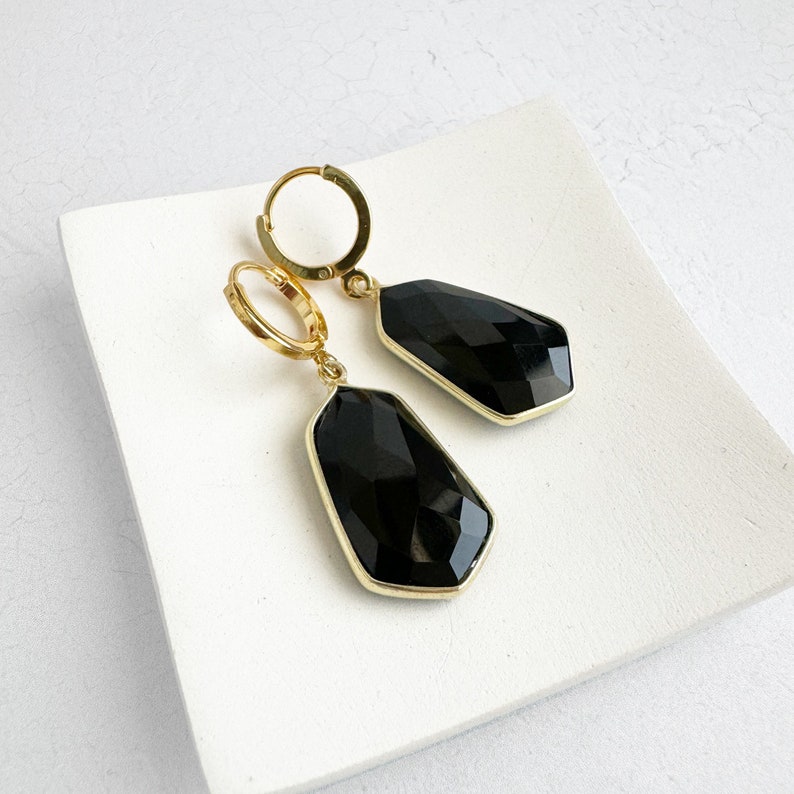 Black Onyx Earrings Gold Drop Earrings Gold Plated Huggies Simple Gemstone Earrings Jewelry Gift for Her image 3