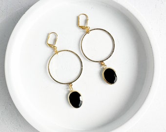 Hoop Dangle Earrings | Black Stone Earrings | Brushed Gold Earrings | Statement Hoop Earrings | Jewelry Gift