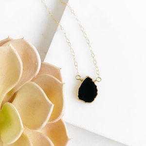 Black Onyx Slice Necklace: Dainty 14k Gold Filled Chain