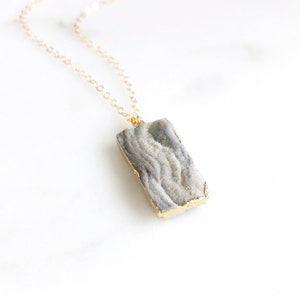 Grey Druzy Rectangle Necklace in Gold. Druzy Necklace image 3