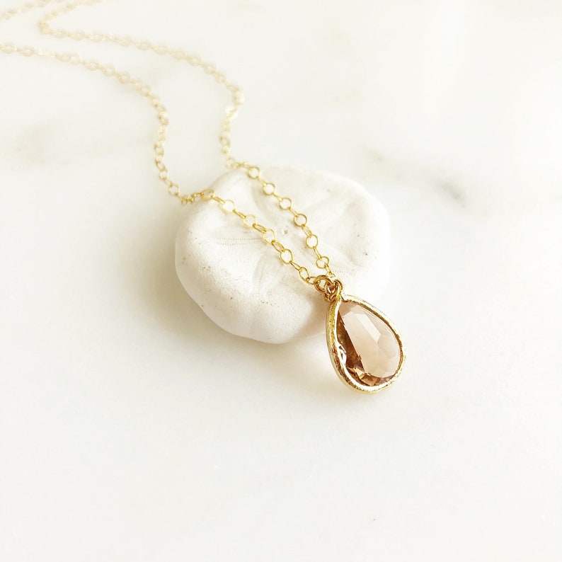 Yellow Gold Champagne Glass Teardrop Necklace. Bridal Jewelry. Bridesmaids Gifts. image 2