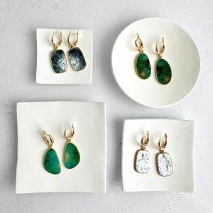 Gemstone Drop Earrings: 18K Gold Plated, Hinged Closure