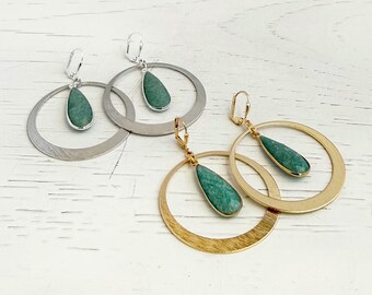 Amazonite Teardrop Hoop Statement Earrings