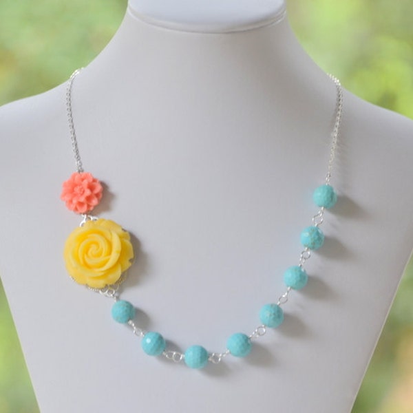 Yellow Rose and Coral Daisy Flower in Turquoise Chunky Asymmetrical Statement Necklace - Bright Statement Necklace