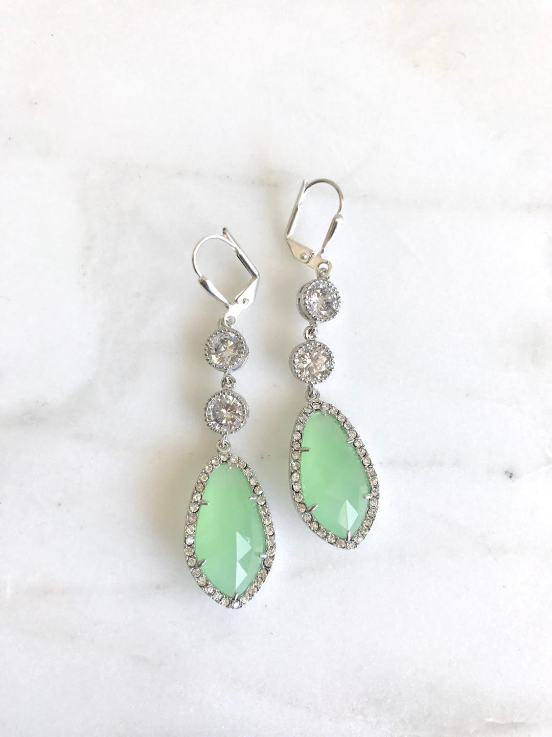 Bridal Statement Earrings With Mint and Crystal Clear Jewels - Etsy