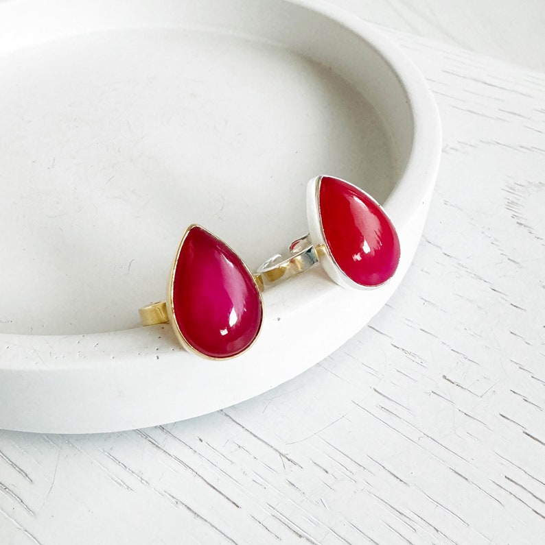Fuchsia Chalcedony Teardrop Statement Ring in Gold and Silver. Adjustable Gemstone Cocktail Ring image 1