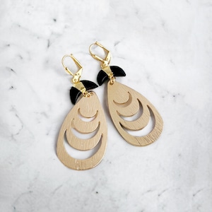 Black Onyx Earrings Teardrop with Crescent Cutouts Brushed Gold Earrings Statement Jewelry Boho Dangle Earrings Boho Chic Jewelry image 1