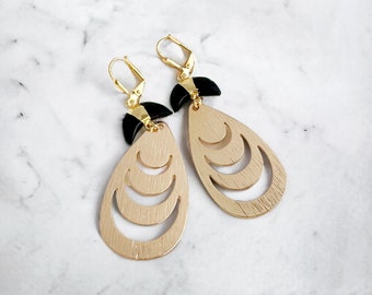 Black Onyx Earrings | Teardrop with Crescent Cutouts | Brushed Gold Earrings | Statement Jewelry | Boho Dangle Earrings | Boho Chic Jewelry