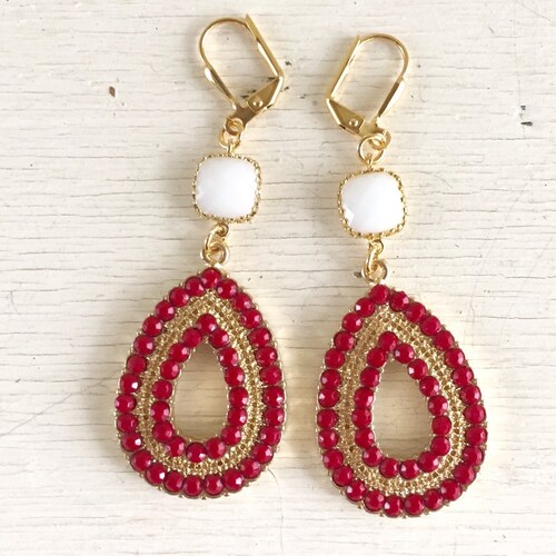 Red and White Statement Earrings in Gold.  Bold Summer Statement Earrings. Dangle Earrings. Jewelry. Gift. Chandelier Earrings.
