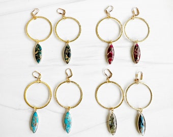 Super Big Hoop Earrings with Marquise Gemstone Pendants in Gold. Statement Hoop Earrings. Large Gold Gemstone Hoops