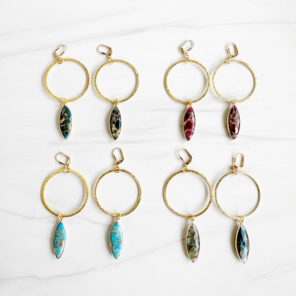 Super Big Hoop Earrings with Marquise Gemstone Pendants in Gold. Statement Hoop Earrings. Large Gold Gemstone Hoops