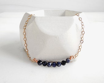 Blue Sapphire Beaded Bar Necklace in Rose Gold. Dainty Gemstone Necklace with Rose Gold Chain