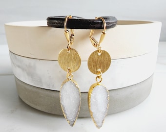 White Druzy Teardrop Earrings with Dainty Circle Pendant in Gold. White Stone Drop Earrings. Brass Disk Geometric Earrings