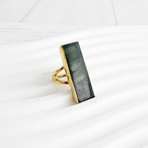 Labradorite Ring Rectangle Bar Gemstone Ring Large Cocktail Ring Modern Jewelry Adjustable Ring Gold Silver Statement Ring image 1