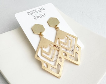 Geometric Dangle Earrings | Hexagon Post Earrings | Brushed Gold Earrings | Statement Jewelry | Abstract Shape Earrings | Modern Earrings