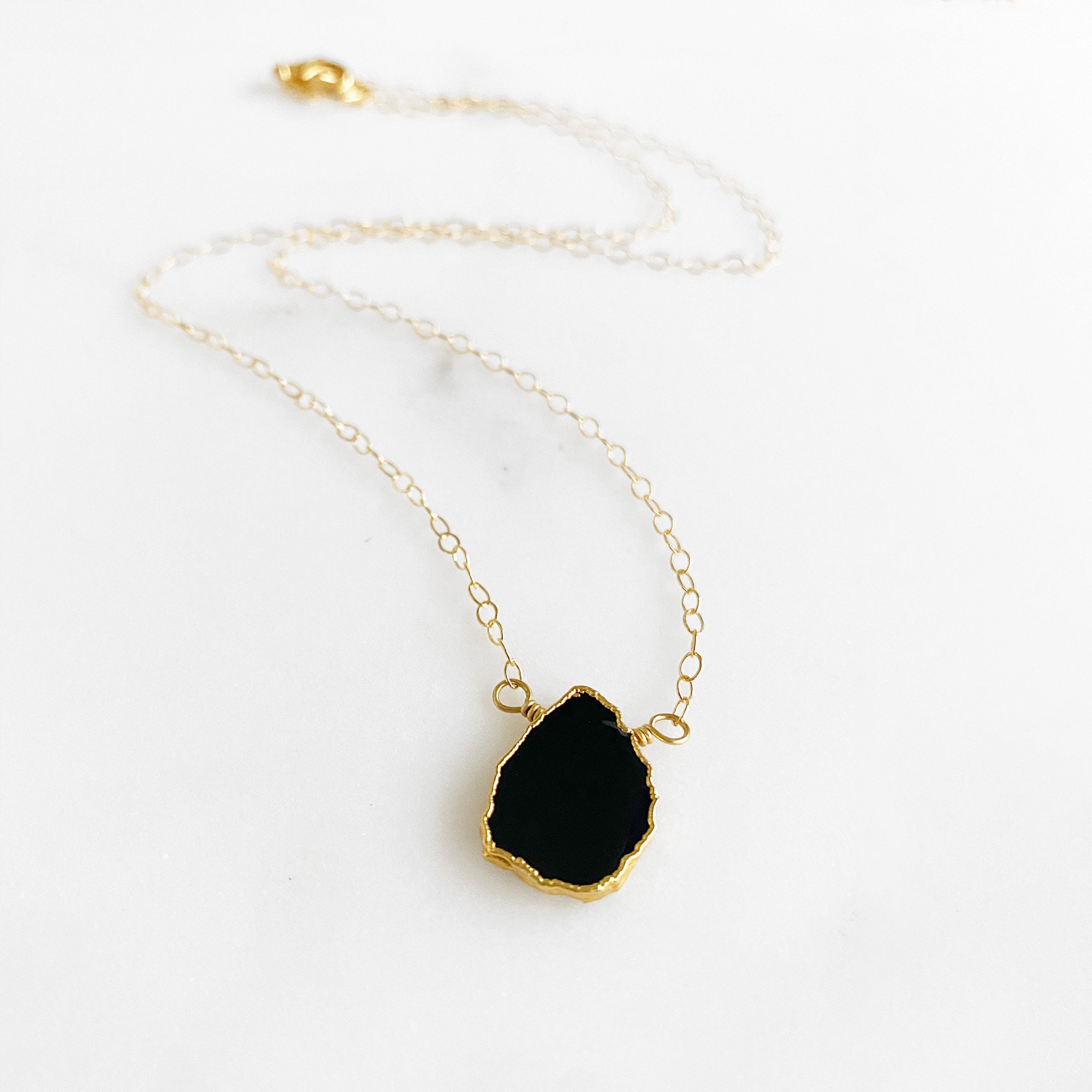 Black Onyx Gemstone Slice Necklace in Gold. Dainty Gemstone | Etsy