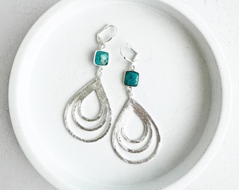 Turquoise Earrings | Multiple Teardrop Earrings | Brushed Silver | Statement Earrings | Simple Silver Jewelry | Big Silver Earrings