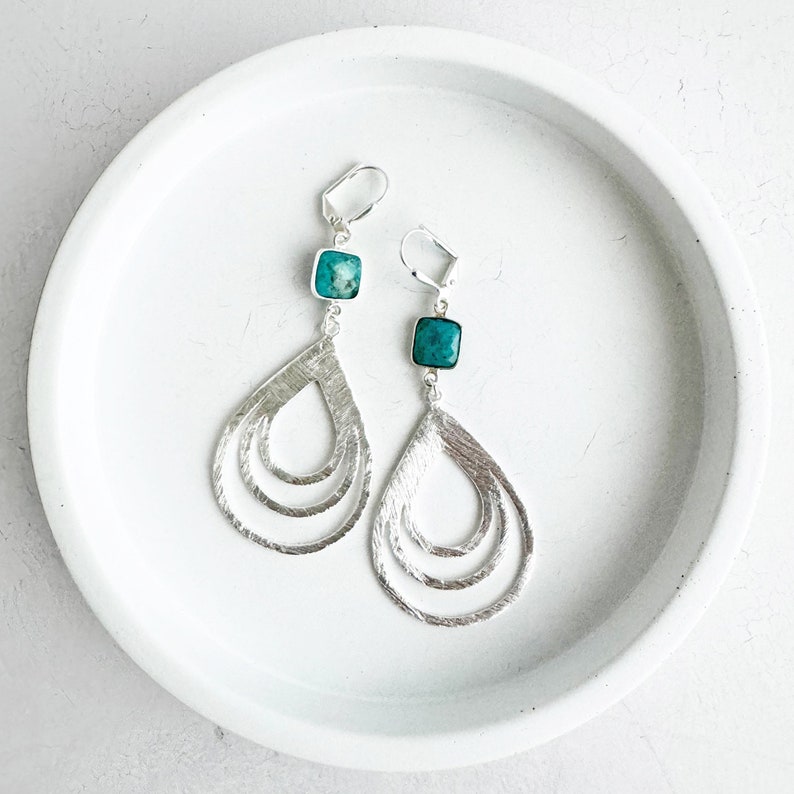 Turquoise Earrings Multiple Teardrop Earrings Brushed Silver Statement Earrings Simple Silver Jewelry Big Silver Earrings image 1