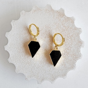 Black Onyx Diamond Shield Huggie Earrings: Gold & Silver