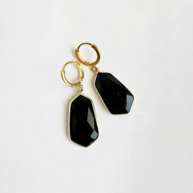 Black Onyx Earrings Gold Drop Earrings Gold Plated Huggies Simple Gemstone Earrings Jewelry Gift for Her image 4