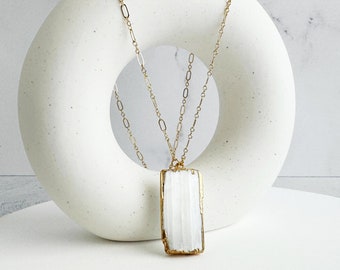 White Selenite Necklace | 14k Gold Filled | Figaro Chain | Gemstone Necklace | Simple Elegant Jewelry | Gift for Her