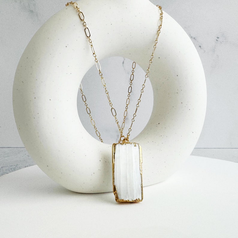 White Selenite Necklace 14k Gold Filled Figaro Chain Gemstone Necklace Simple Elegant Jewelry Gift for Her image 1