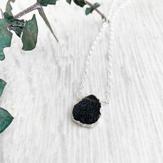 Black Druzy Gemstone Slice Necklace in 