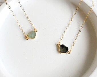 Dainty Bezel Heart Stone Necklace in Gold. Simple Heart Gemstone Necklace. Aquamarine Labradorite Necklace