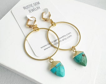 Hoop Dangle Earrings | Turquoise Shield Stones | Gold Hoop Earrings | Statement Gemstone Earrings | Jewelry Gift