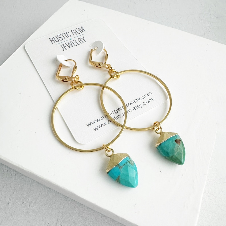 Hoop Dangle Earrings Turquoise Shield Stones Gold Hoop Earrings Statement Gemstone Earrings Jewelry Gift image 1