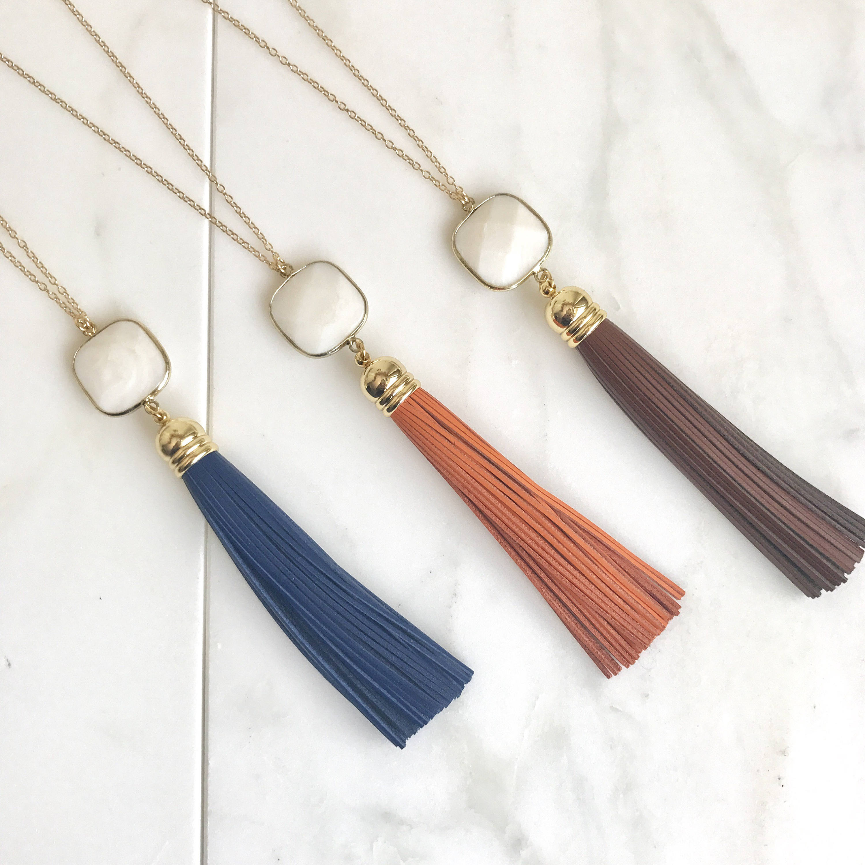 Tassel Necklace. Leather Tassel Necklace. White Stone and Blue
