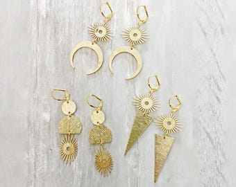 Brushed Gold Sunburst Dangle Earrings: Celestial Jewelry