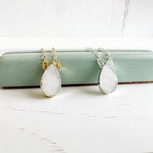 White Druzy Teardrop Pendant Necklace: Gold Filled or Sterling Silver
