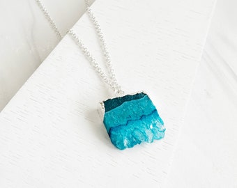 Teal Druzy Necklace in Sterling Silver. Geode Necklace. Druzy Chunky Stone Jewelry. Teal Aqua Silver Necklace