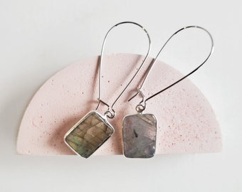 Freeform Labradorite Gemstone Slice Drop Earrings in Silver. Simple Dangle Earrings. Gemstone Drop Earrings