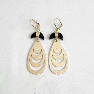 Black Onyx Earrings Teardrop with Crescent Cutouts Brushed Gold Earrings Statement Jewelry Boho Dangle Earrings Boho Chic Jewelry image 3